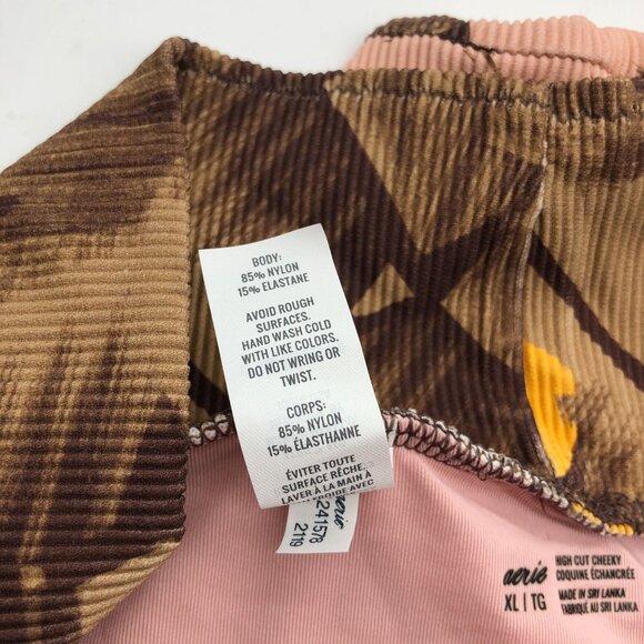 Aerie Womens High Cut Cheeky Swim Bottoms Floral Print Ribbed Brown Pink XL - Picture 4 of 5